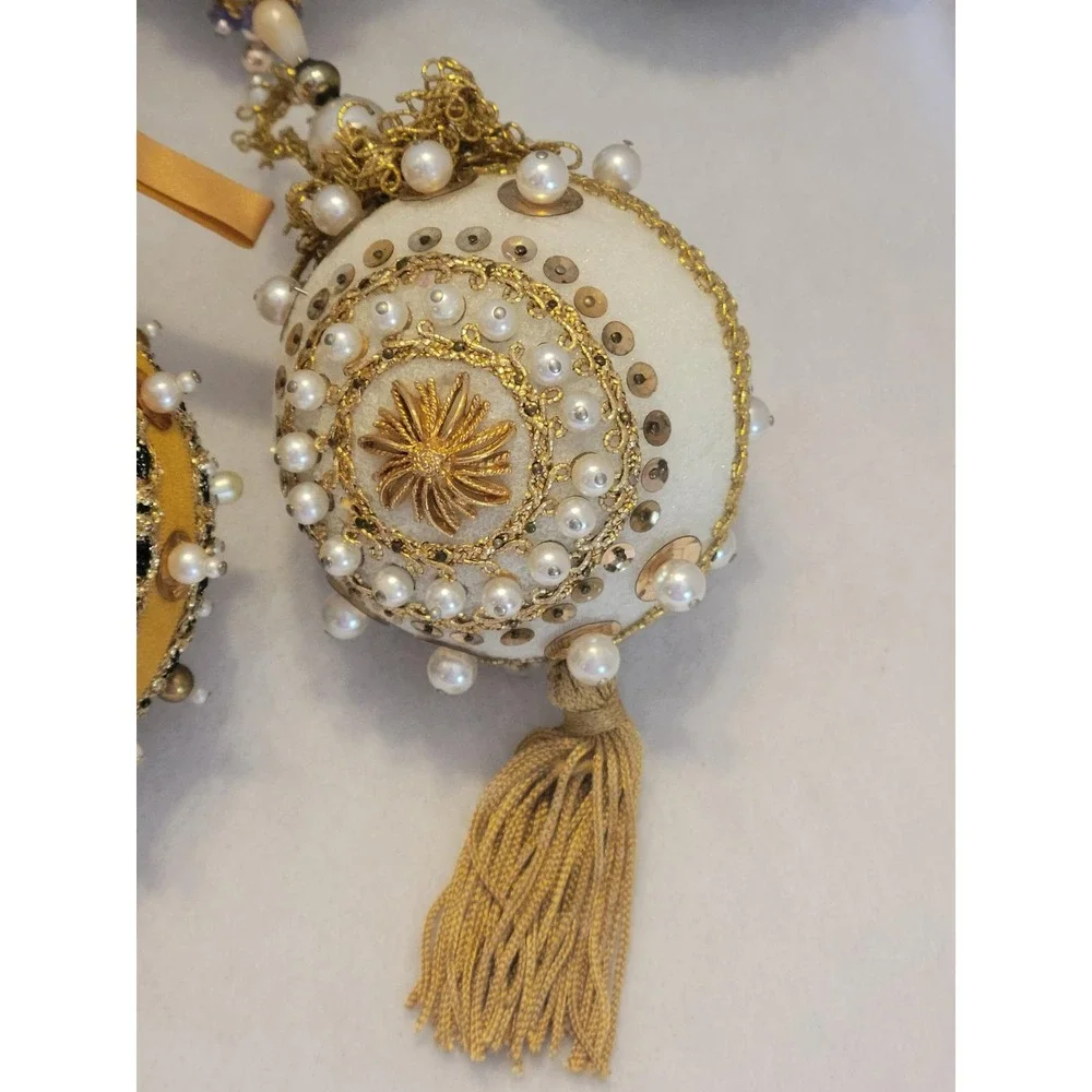 Vintage Beaded Christmas Ornaments Victorian Style Sequin Pearl Gold 5pc
